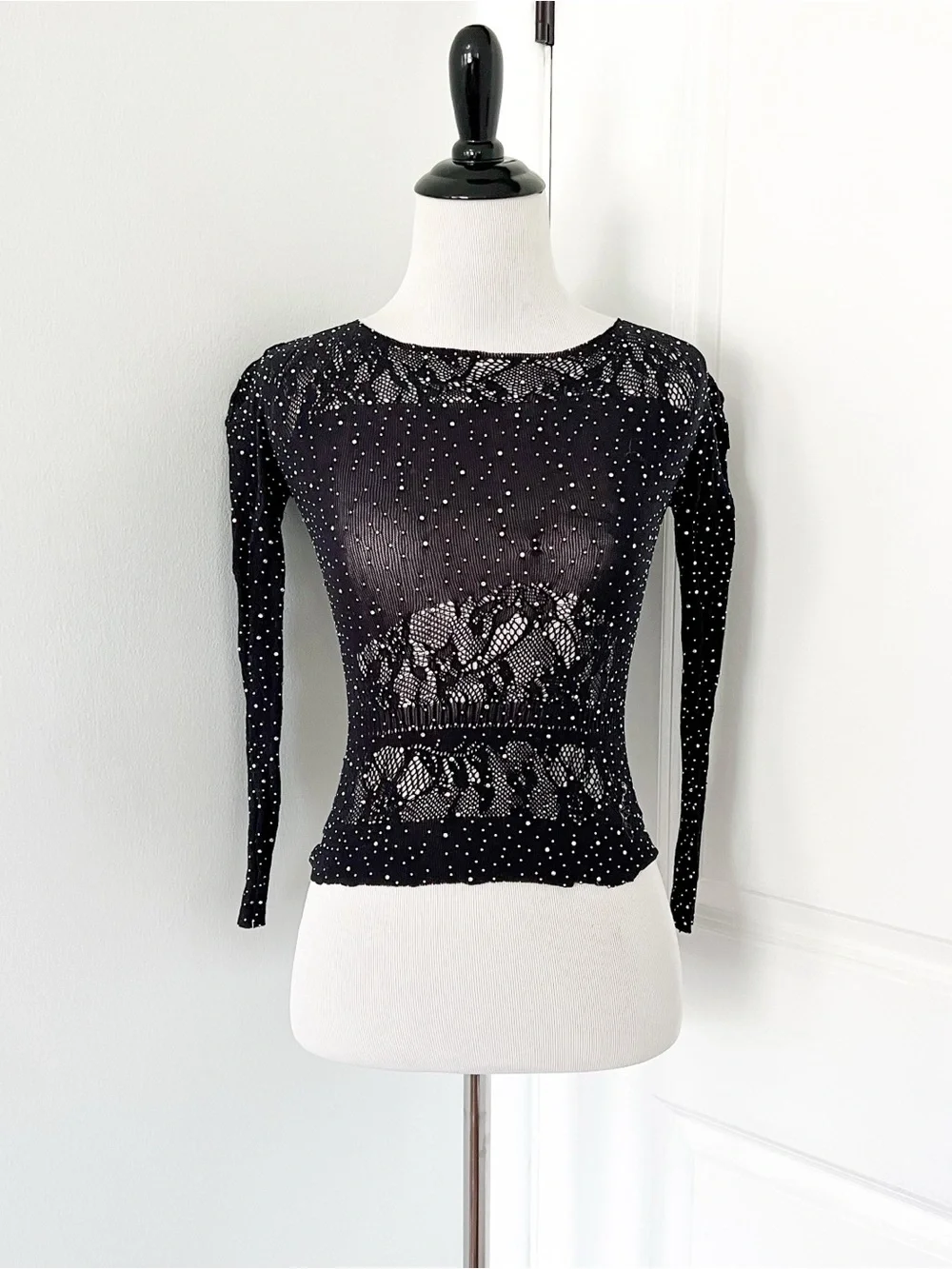 Zara Black Mesh Lace Long Sleeve Top with Rhinestone Accents - M/L